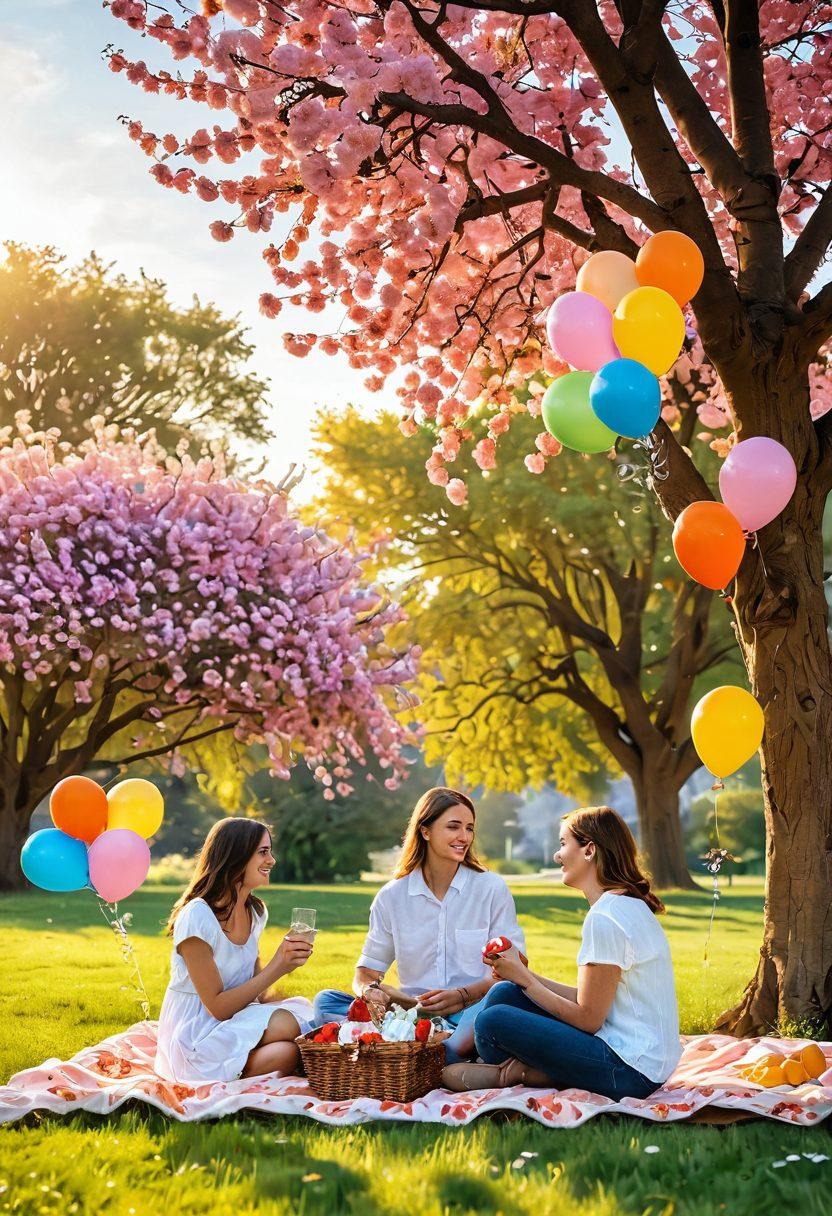 A serene lifestyle scene featuring a joyful family enjoying a picnic under a blossoming tree, surrounded by colorful balloons and vibrant flowers, symbolizing value and happiness. Incorporate elements of freebie delights like gift boxes and coupons artfully scattered around. The atmosphere should feel light, cheerful, and inviting, with a soft sunset in the background. super-realistic. vibrant colors. warm tones.