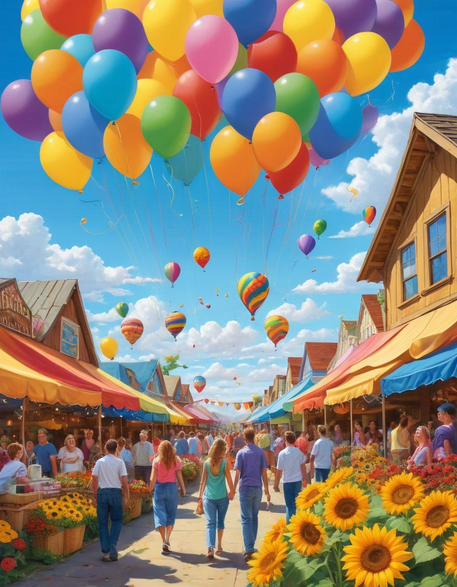 A whimsical scene depicting a vibrant market filled with joyful people discovering colorful booths showcasing freebies and discounts. Lively balloons float in the air while radiant sunflowers bloom nearby, creating a cheerful atmosphere. Laughter and excitement fill the air as families and friends enjoy the moment together. The background features a clear blue sky with fluffy clouds and a rainbow to enhance the feeling of joy and abundance. cartoon art style. bright pastel colors.