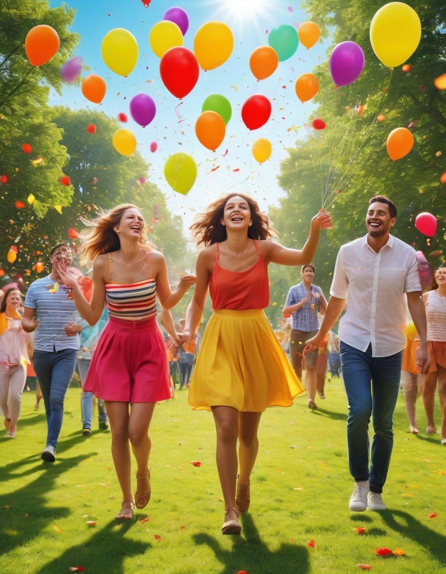 A vibrant and colorful scene depicting a joyful celebration with balloons and confetti, featuring smiling people receiving cheerful giveaways like colorful gift bags and promotional items. Bright sunshine filters through a lush green park setting, creating an atmosphere of happiness and excitement. Include colorful banners celebrating special offers, with a whimsical touch. super-realistic. vibrant colors. cheerful atmosphere.